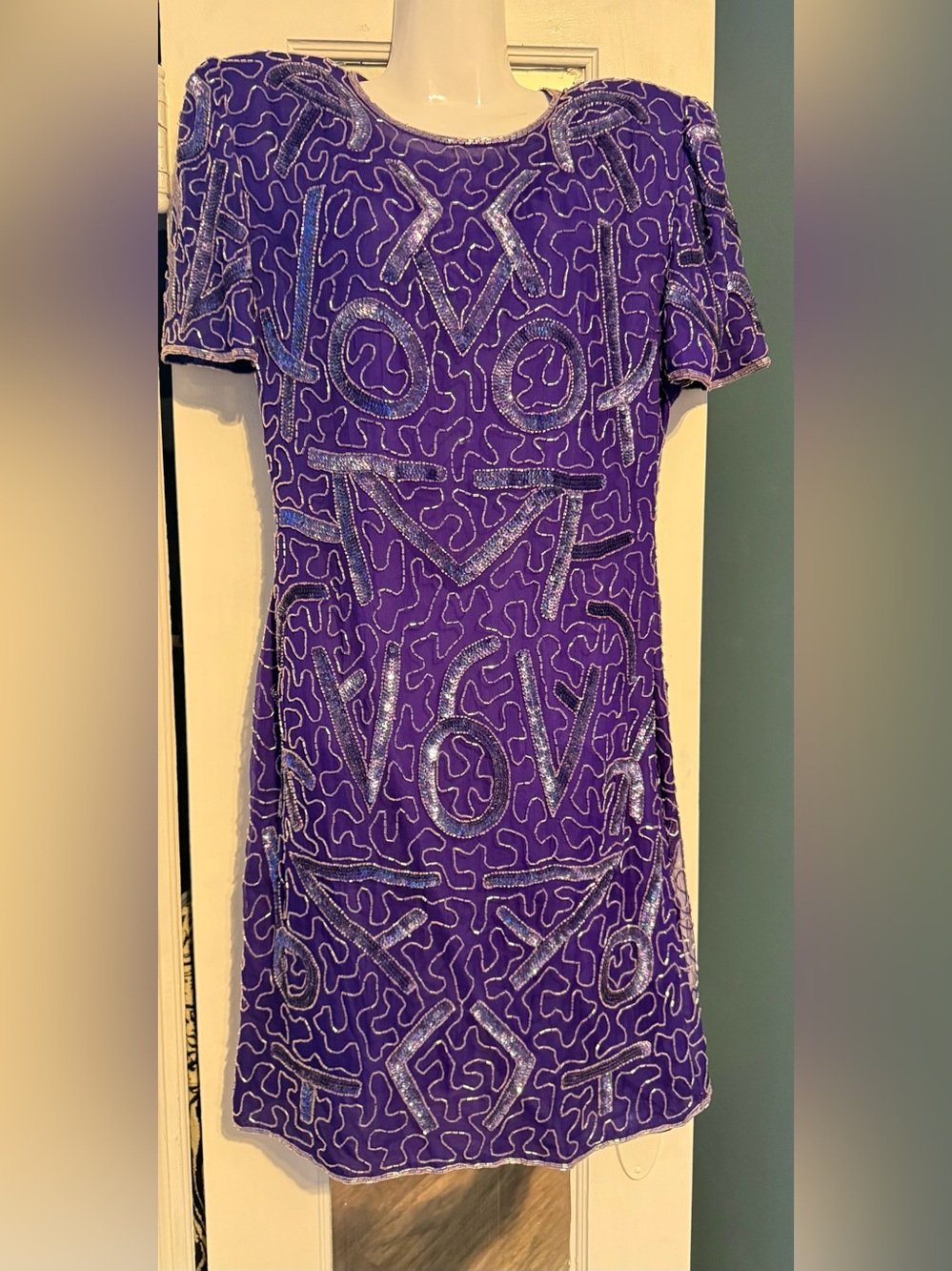 NWT Vintage Laurence Kazar Silk Purple Sequin Beaded Cocktail Party Dress L